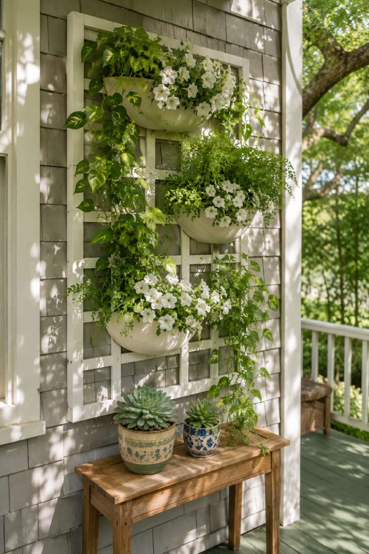 Vertical garden wall on small porch with trellis, trailing plants, and wooden console table