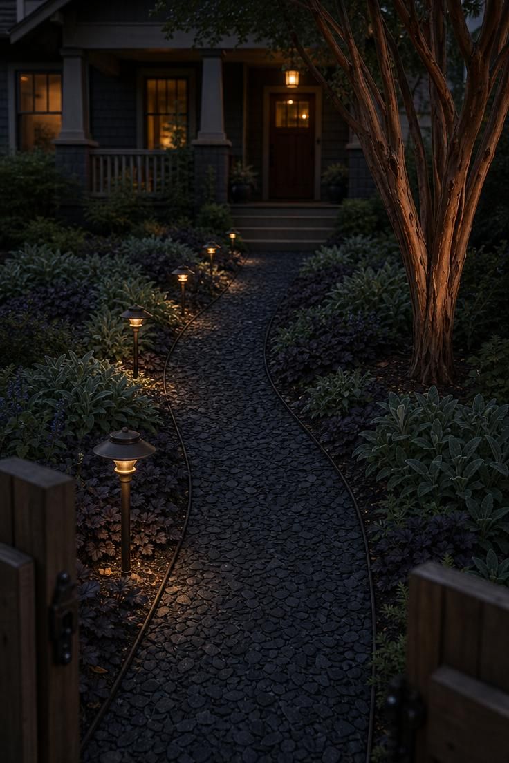 17 Cozy Small Front Yard Landscaping Ideas You Will Love 1 Slate chip pathway with cast bronze solar stake lights glowing at dusk in a small front yard