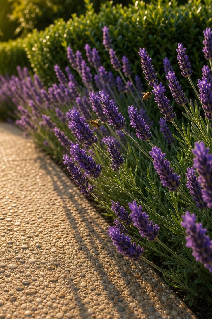 17 Cozy Small Front Yard Landscaping Ideas You Will Love 3 Lavender rows in full purple bloom along a brushed aggregate concrete walkway in warm golden light