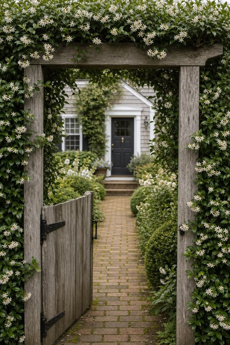 17 Cozy Small Front Yard Landscaping Ideas You Will Love 4 Weathered oak arbor gate covered in star jasmine canopy with white blooms framing a cottage front entry
