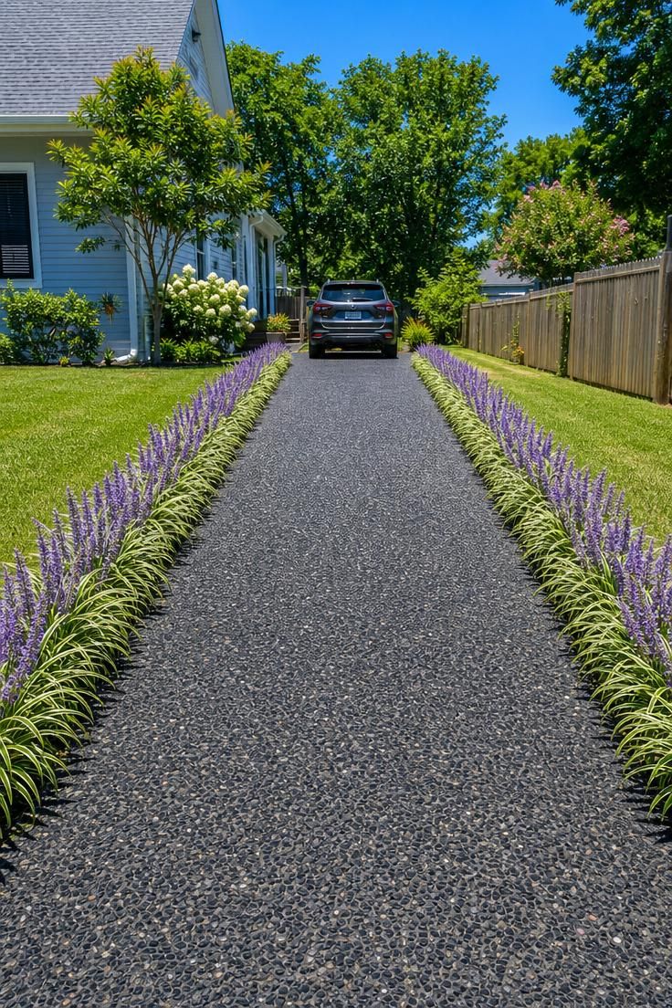 17 Cozy Small Front Yard Landscaping Ideas You Will Love 6 Variegated liriope border in purple bloom framing a charcoal exposed-aggregate driveway in bright midday light