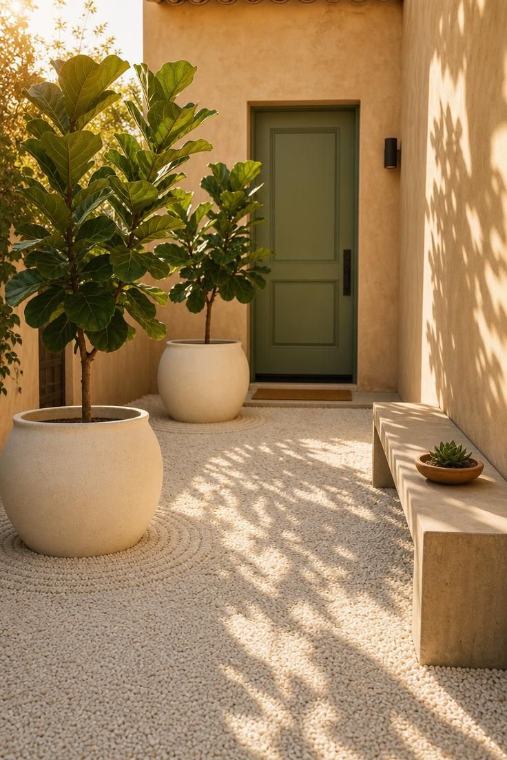17 Cozy Small Front Yard Landscaping Ideas You Will Love 7 White gravel courtyard with potted fiddle leaf fig trees casting leaf shadows in warm golden afternoon light