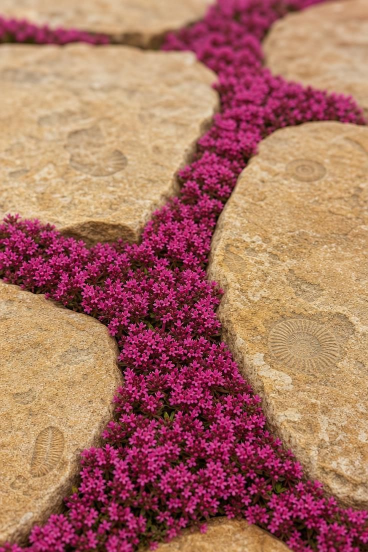 17 Cozy Small Front Yard Landscaping Ideas You Will Love 8 Close-up of creeping red thyme in full magenta bloom filling joints between irregular sandstone pavers
