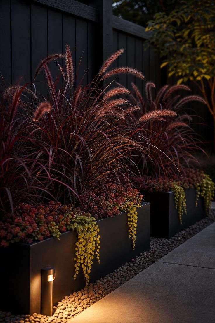 17 Cozy Small Front Yard Landscaping Ideas You Will Love 9 Matte black steel raised beds filled with purple fountain grass plumes catching moody low evening light