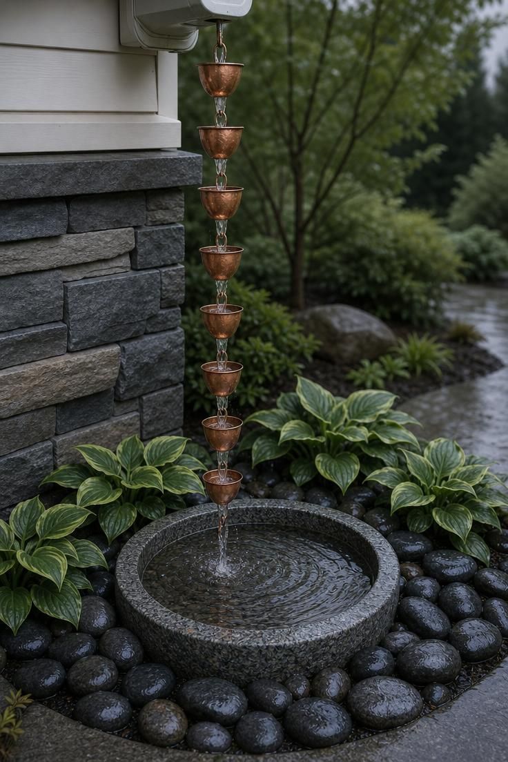 17 Cozy Small Front Yard Landscaping Ideas You Will Love 10 Copper rain chain cascading into a polished granite basin surrounded by river rocks and dwarf hostas in soft natural light