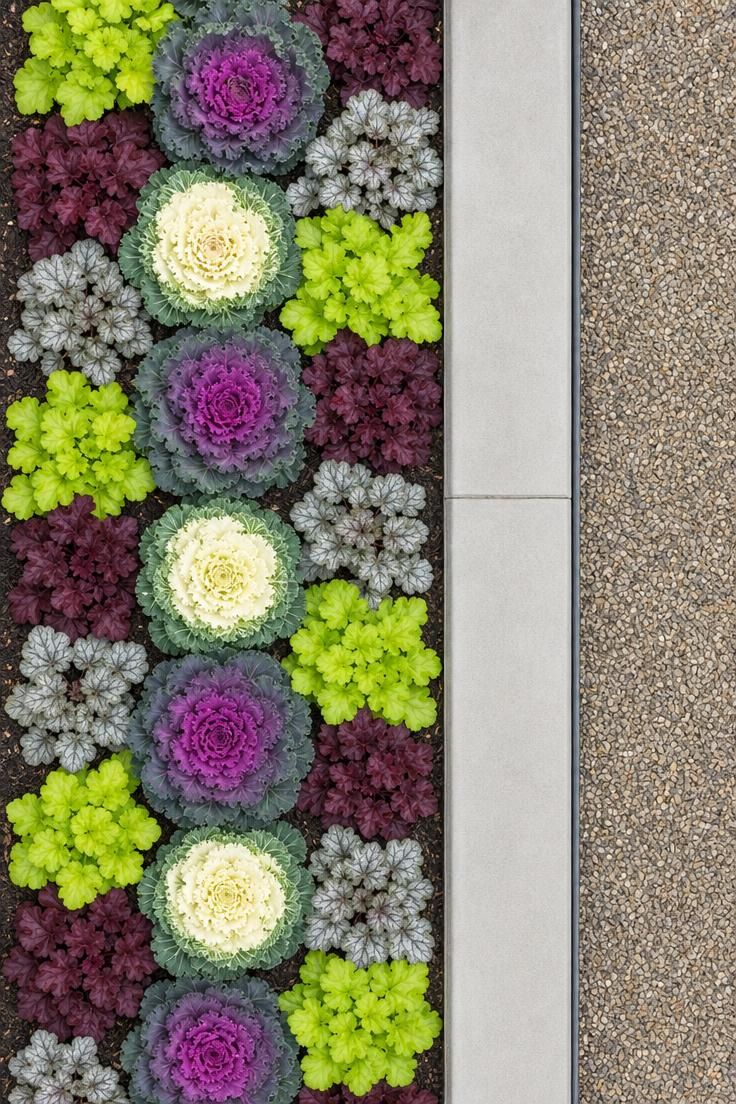 17 Cozy Small Front Yard Landscaping Ideas You Will Love 11 Overhead view of ornamental kale and coral bells in alternating color clusters along a poured concrete curb edge