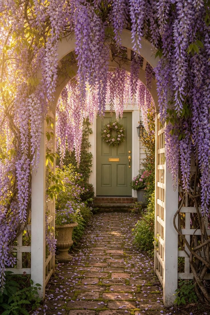 17 Cozy Small Front Yard Landscaping Ideas You Will Love 12 Wisteria racemes cascading over a white painted trellis archway framing a sage green front door in warm golden light