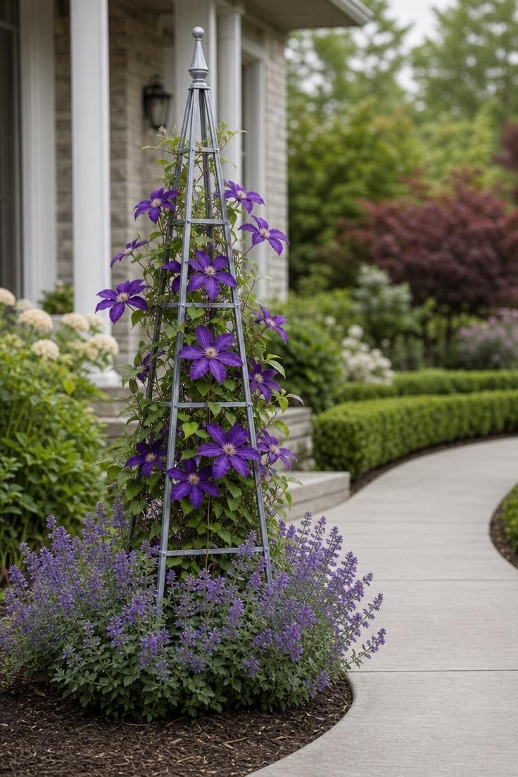 17 Cozy Small Front Yard Landscaping Ideas You Will Love 13 Zinc garden obelisk with purple Jackmanii clematis blooms at a walkway bend in soft diffused light