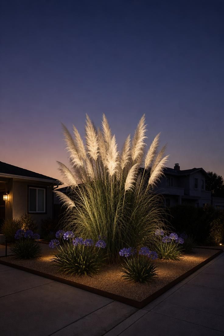 17 Cozy Small Front Yard Landscaping Ideas You Will Love 15 Tall white pampas grass plumes glowing at dusk in a corner gravel bed with blue agapanthus in a small front yard