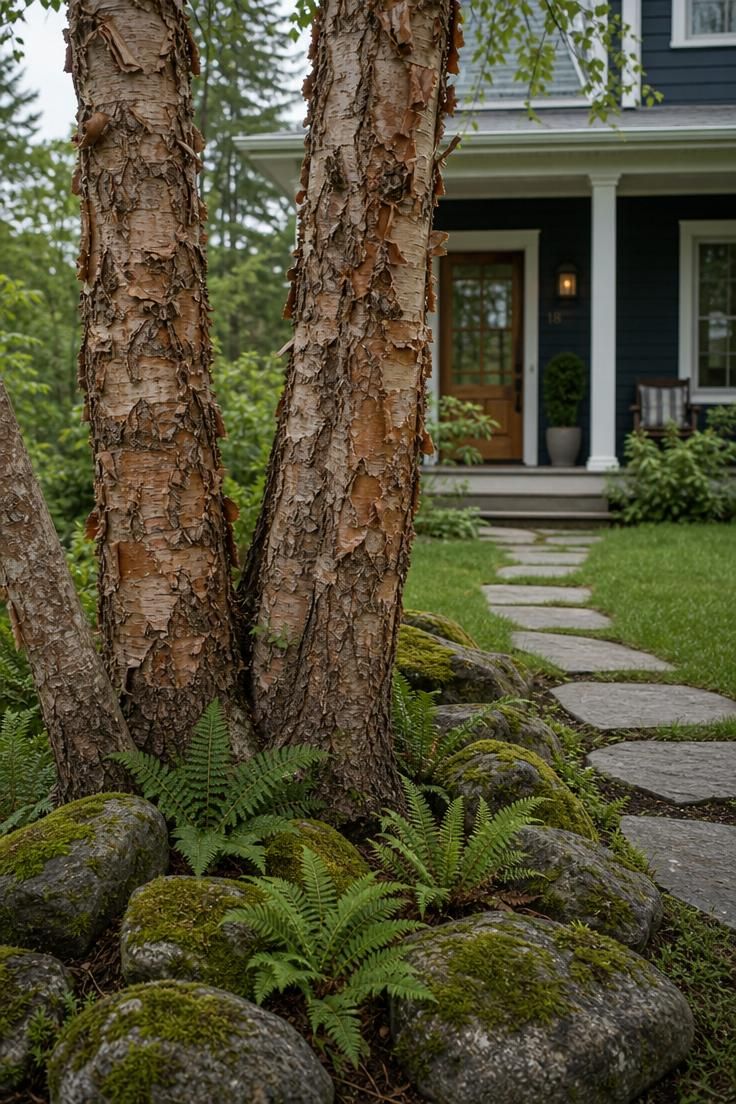 17 Cozy Small Front Yard Landscaping Ideas You Will Love 16 River birch cluster with peeling cinnamon bark and moss-covered rock ground cover in soft natural light
