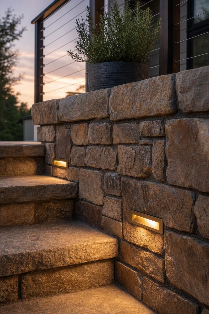 17 Cozy Small Front Yard Landscaping Ideas You Will Love 17 Matte brass step lights recessed into a stacked stone entry wall casting warm light on front porch steps