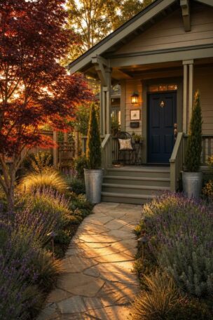 Cozy small front yard with lavender-lined flagstone walkway, zinc planters, and Japanese maple at golden hour