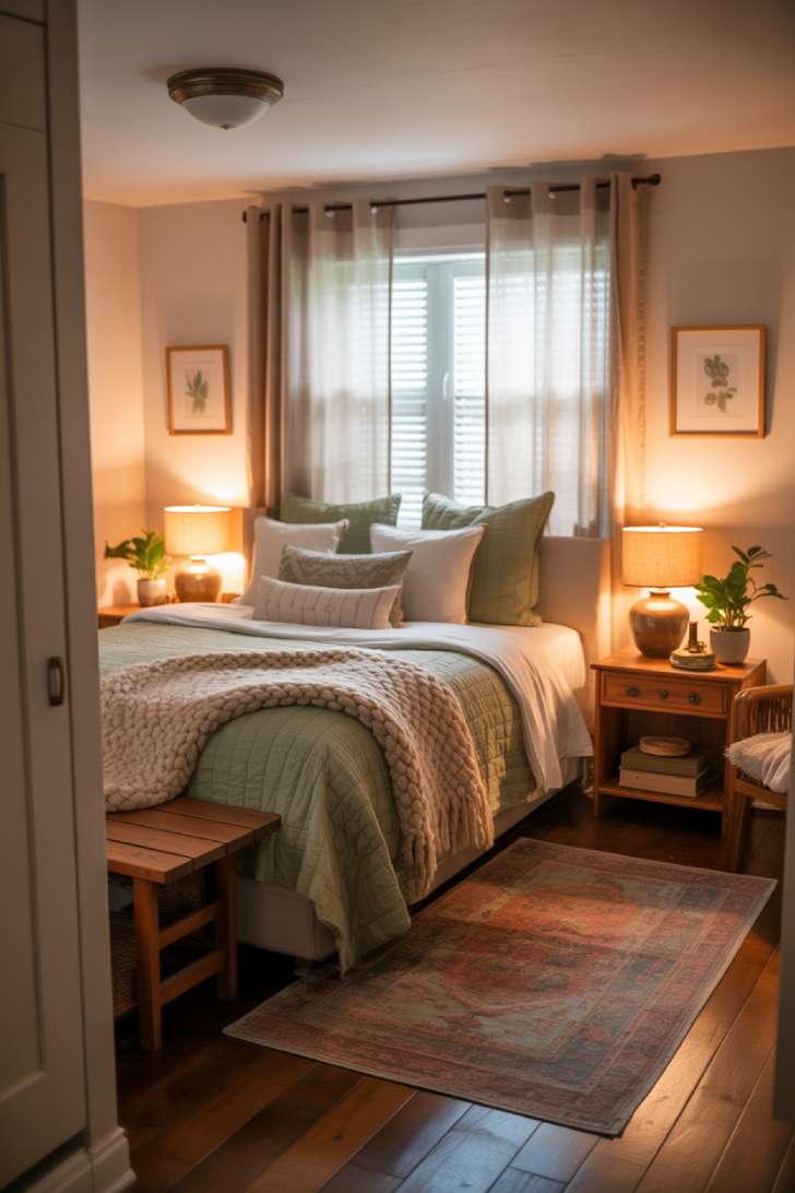 13 Cozy Small Guest Bedroom Ideas That Make a Big Impression 1 Cozy queen guest bedroom with sage green and cream layered linens, rustic nightstands, potted plants, and botanical wall prints