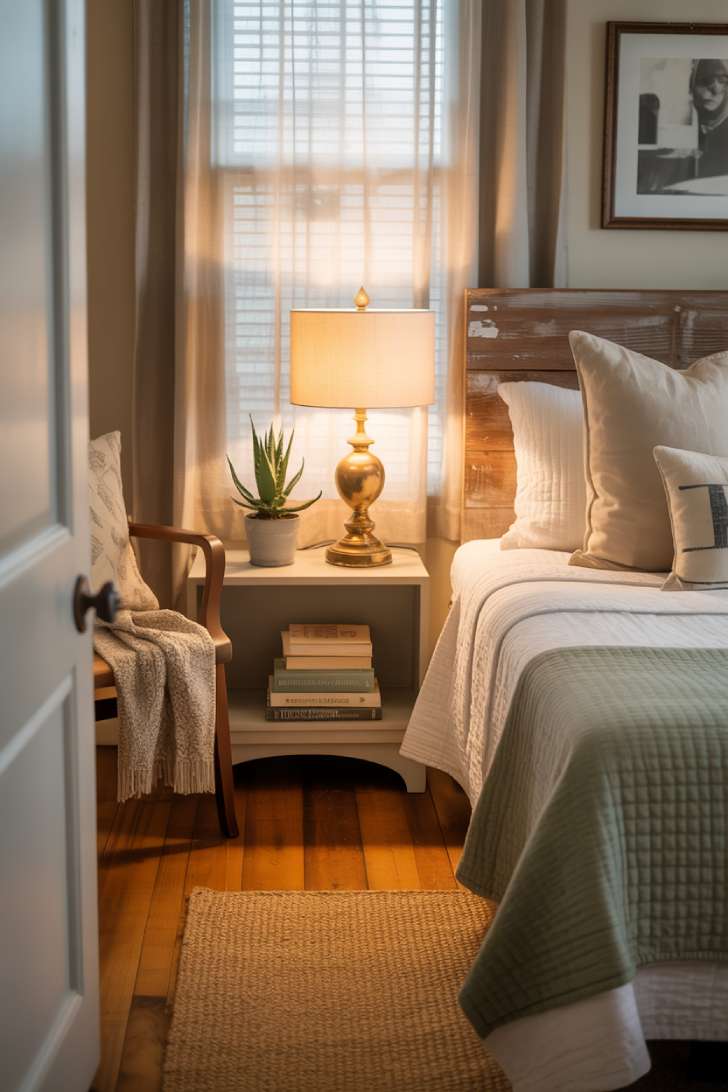 13 Cozy Small Guest Bedroom Ideas That Make a Big Impression 2 Small guest room with twin bed, white linens, sage green quilt, brass lamp, and jute rug on honey hardwood floors