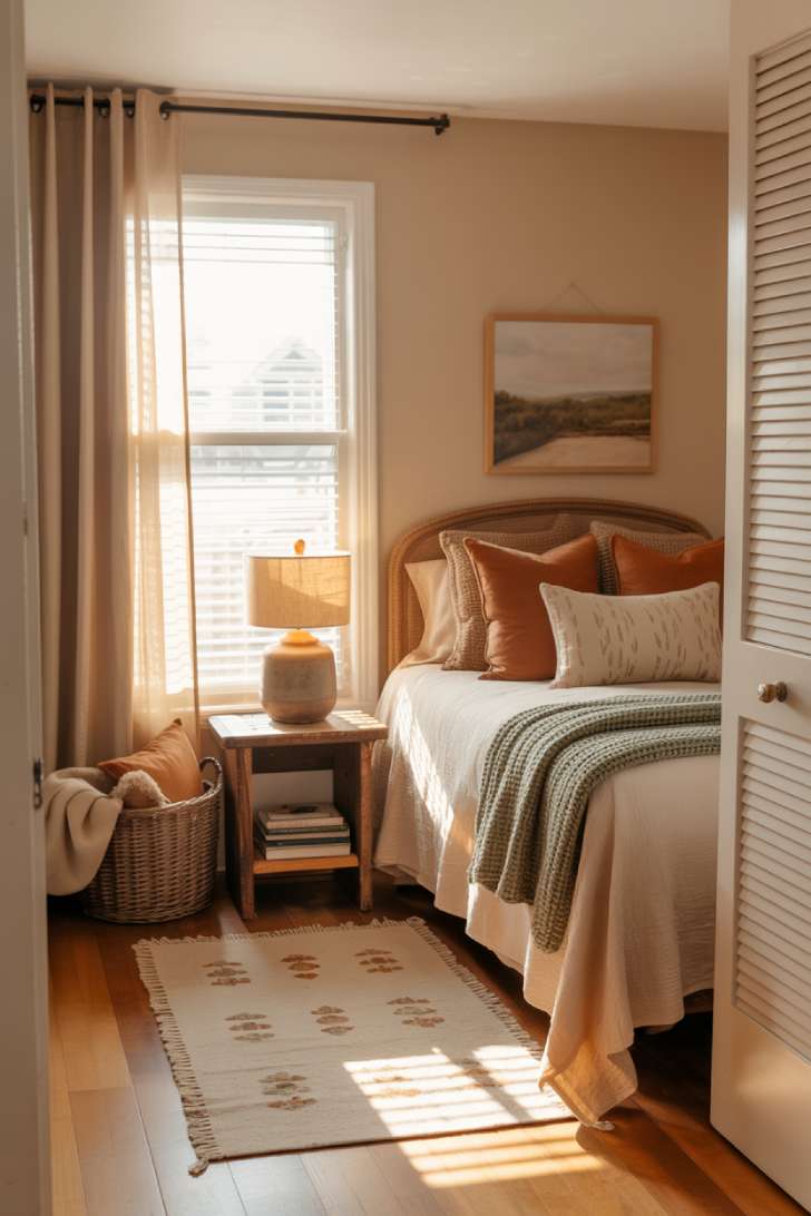 13 Cozy Small Guest Bedroom Ideas That Make a Big Impression 3 Guest bedroom with queen bed, terracotta and cream pillows, sage green knit throw, warm beige walls, and geometric area rug