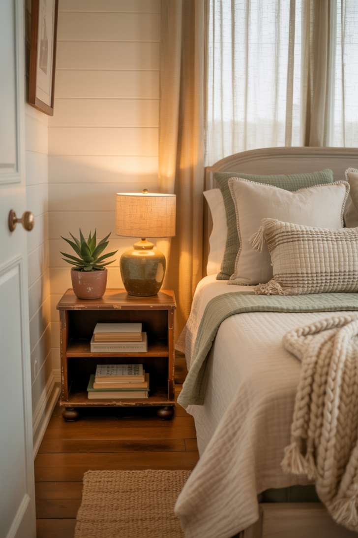 13 Cozy Small Guest Bedroom Ideas That Make a Big Impression 5 Cozy guest bedroom with cream and sage green layered linens, vintage wooden nightstand, succulent, and woven area rug in warm afternoon light