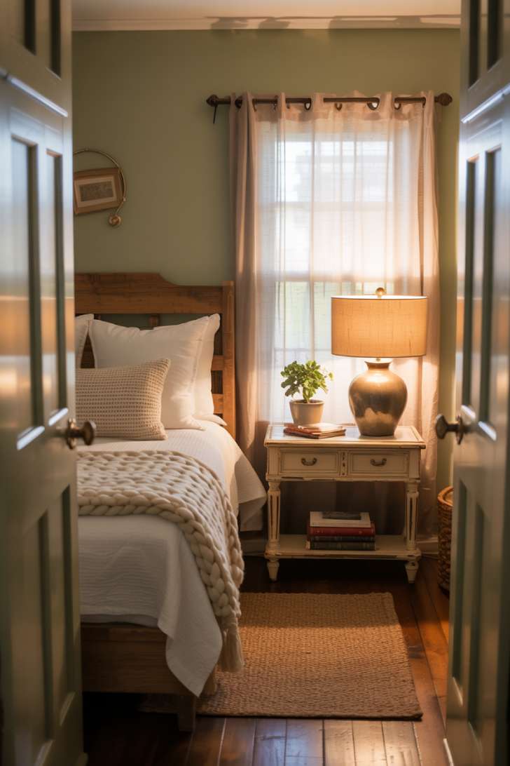 13 Cozy Small Guest Bedroom Ideas That Make a Big Impression 6 Small guest bedroom with sage green walls, white linens, cream chunky knit throw, rustic headboard, and woven area rug