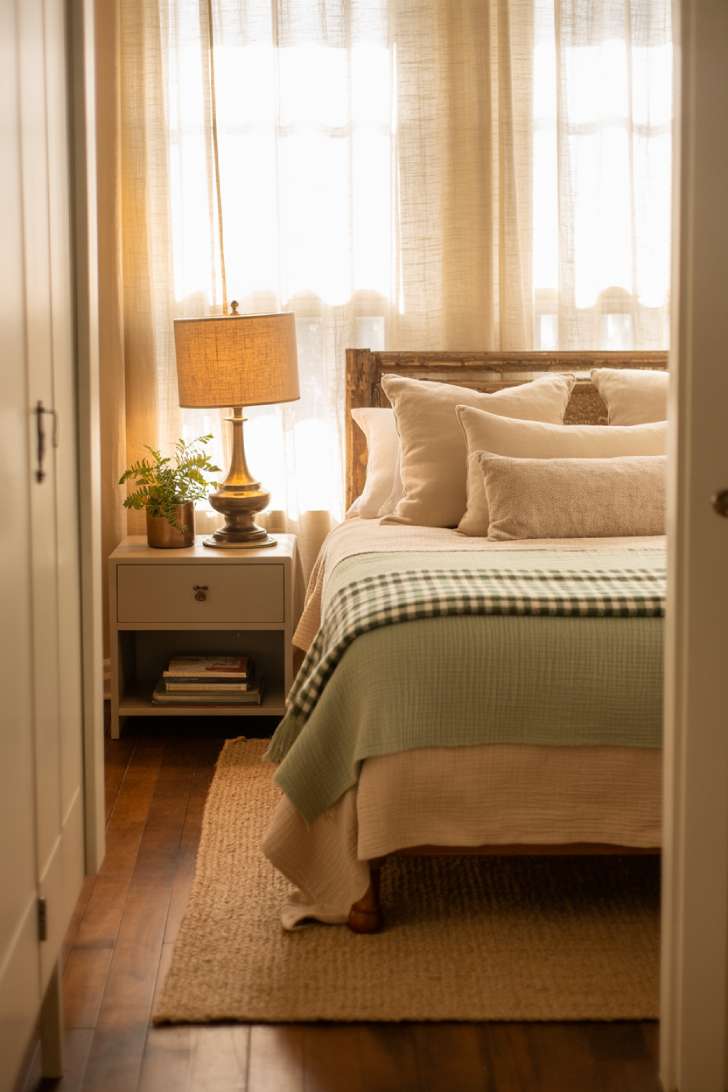 13 Cozy Small Guest Bedroom Ideas That Make a Big Impression 7 Guest bedroom viewed from doorway with cream and sage green linens, plaid throw, rustic headboard, brass lamp, and woven rug