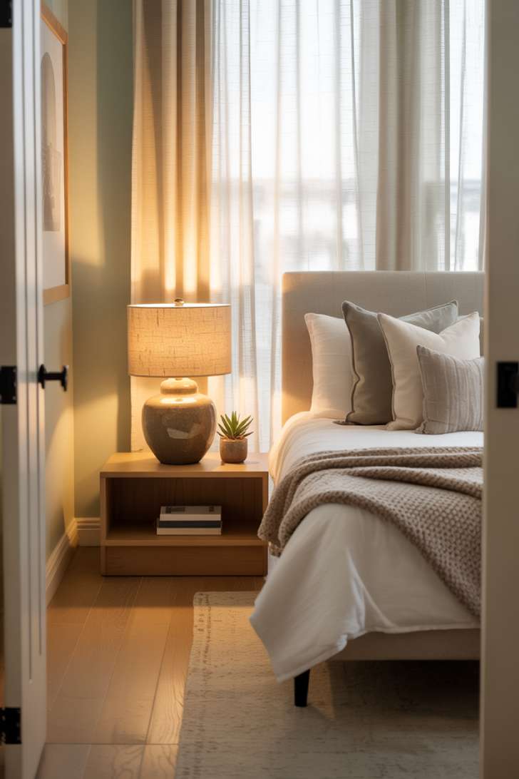 13 Cozy Small Guest Bedroom Ideas That Make a Big Impression 8 Stylish small guest bedroom with queen bed, gray and cream pillows, chunky knit blanket, sage green accent wall, and pale oak floors