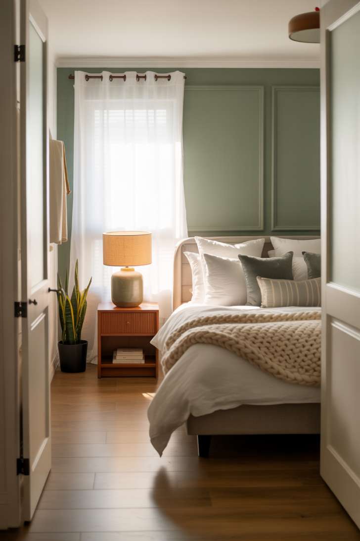 13 Cozy Small Guest Bedroom Ideas That Make a Big Impression 9 Modern Scandinavian guest bedroom with queen bed, white linens, gray pillows, cream knit blanket, sage green feature wall, and snake plant