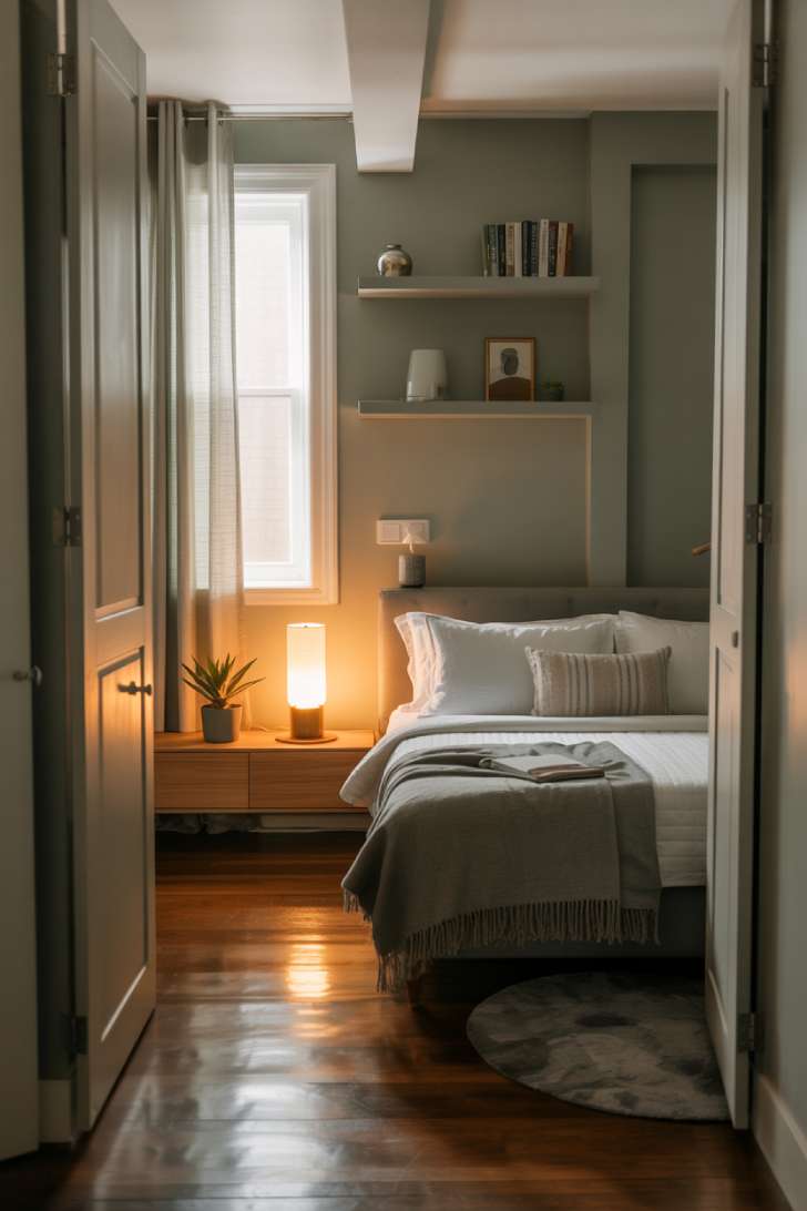 13 Cozy Small Guest Bedroom Ideas That Make a Big Impression 10 Minimalist small guest bedroom with white linens, gray throw, sage green walls, floating shelves, and polished hardwood floors