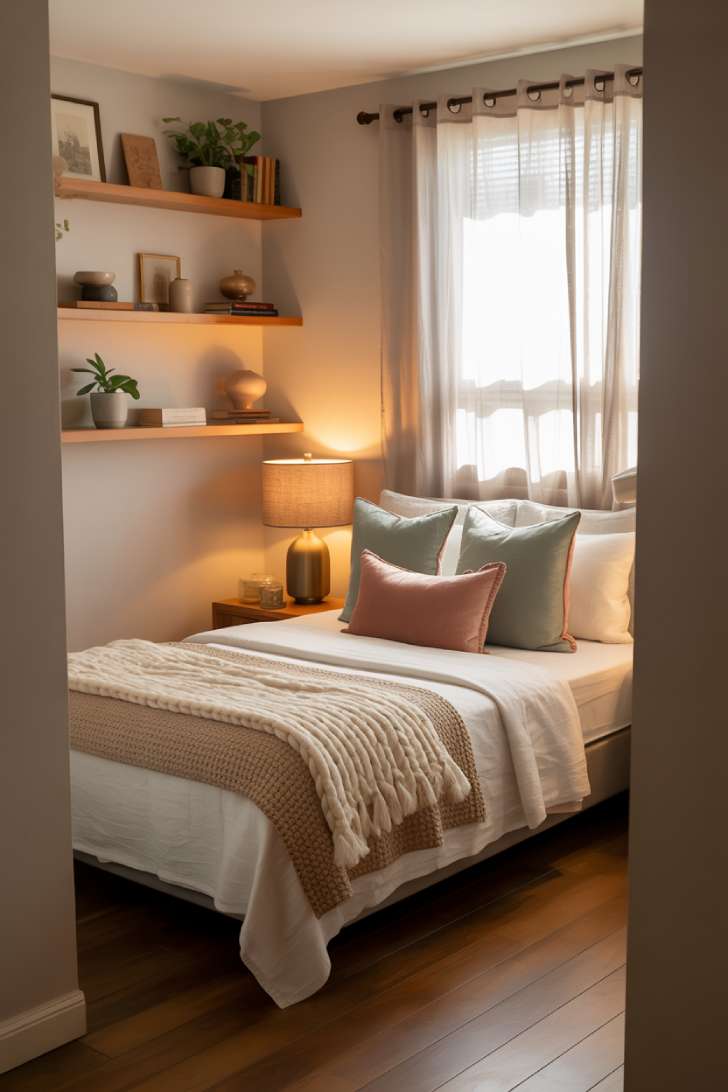 13 Cozy Small Guest Bedroom Ideas That Make a Big Impression 11 Stylish guest bedroom with white linens, cream knit throw, sage green and dusty rose pillows, floating shelves, and brass table lamp