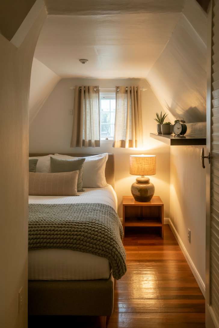 13 Cozy Small Guest Bedroom Ideas That Make a Big Impression 12 Tiny guest bedroom with twin bed, sage green chunky knit throw, cream walls, floating shelf, succulent, and vintage alarm clock