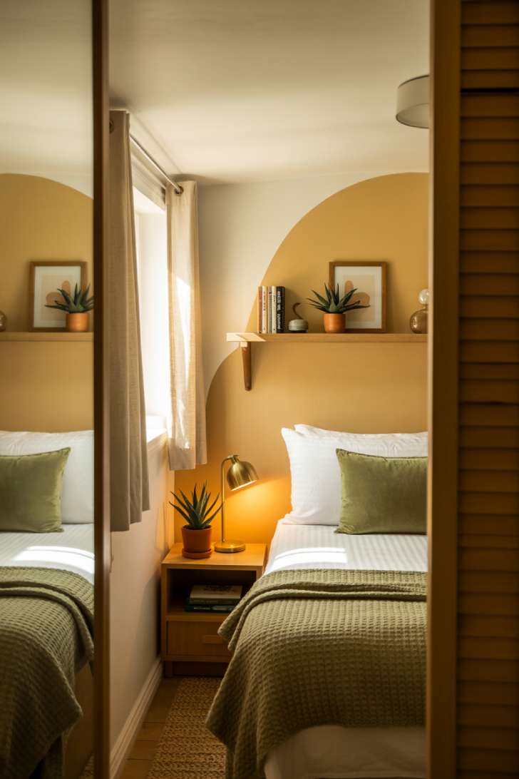 13 Cozy Small Guest Bedroom Ideas That Make a Big Impression 13 Cozy tiny guest bedroom with twin bed, sage green knit throw, cream feature wall, brass lamp, floating shelves, and sheer curtains