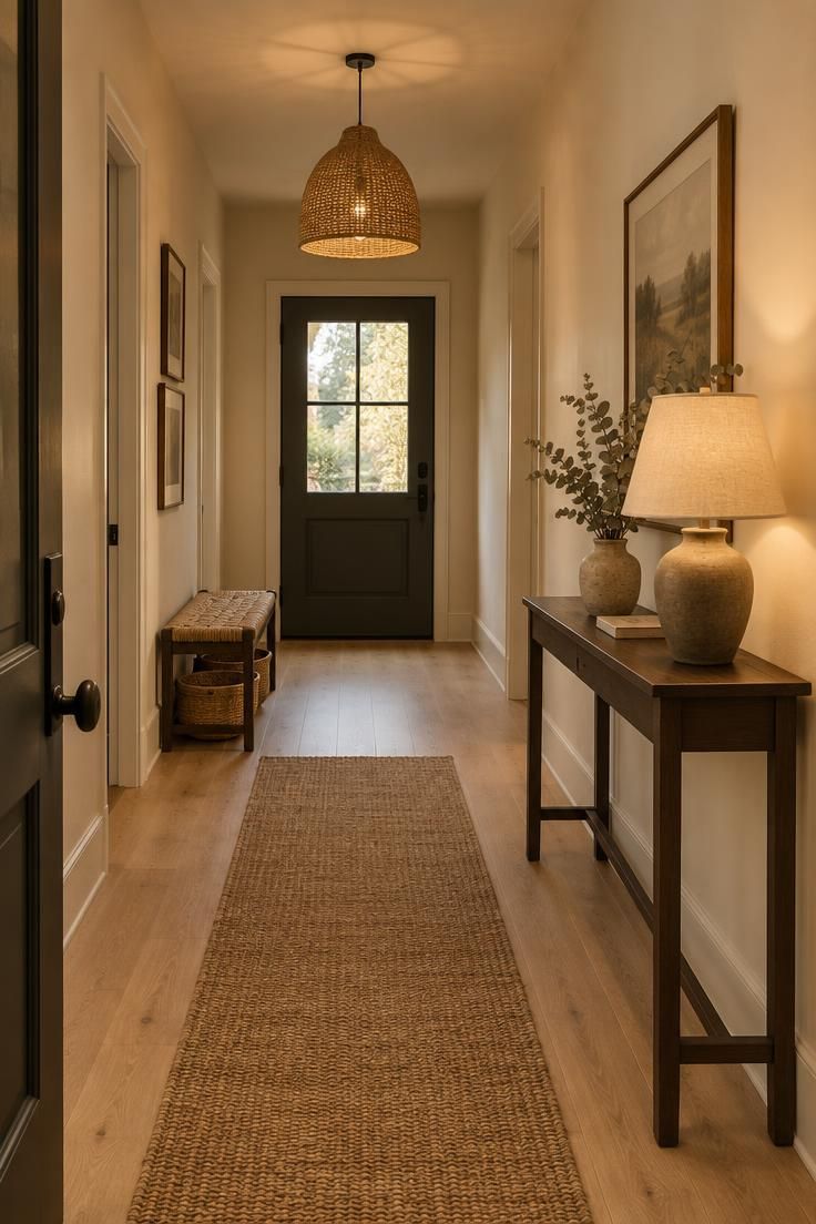 A narrow entry corridor with warm ivory walls, a slim wood console with a ceramic lamp, a low woven bench with baskets beneath, and a woven pendant casting warm light near the front door.