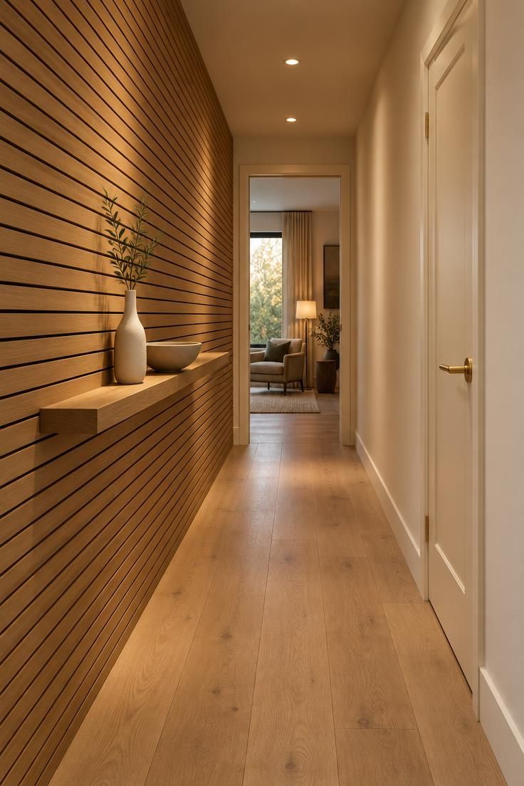 A narrow hallway with a full-length horizontal oak slat wall, a slim floating oak shelf holding two ceramic objects, and a plain warm white opposite wall leading to a doorway.
