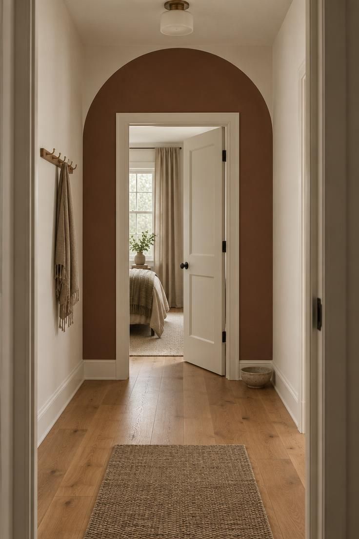A hallway end wall with a deep clay-toned painted arch framing a doorway, warm off-white surrounding walls, and a slim row of wall hooks on one side.