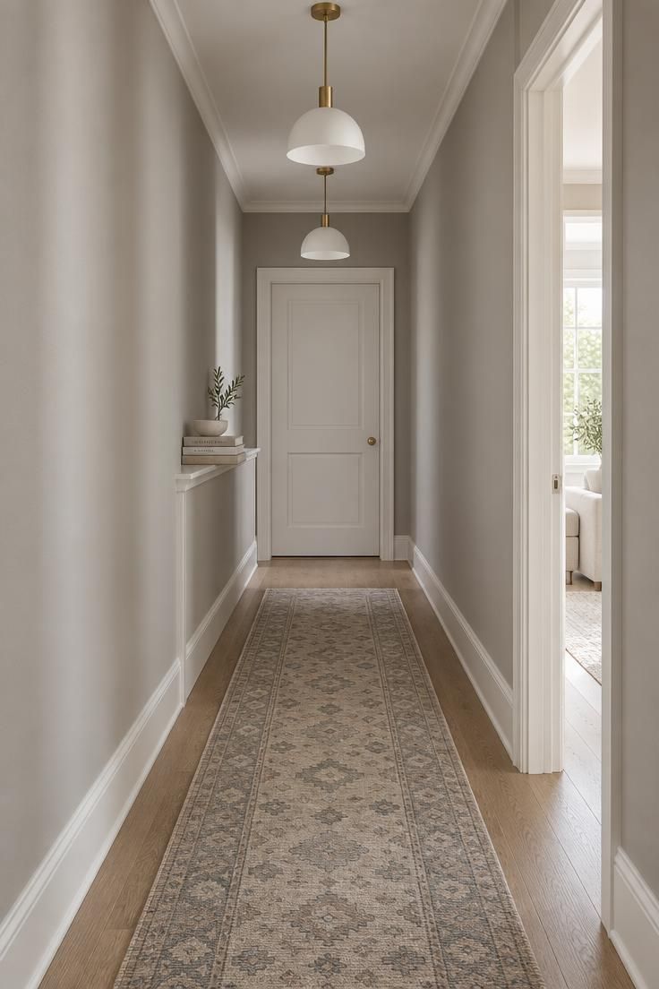 A narrow hallway with two plaster-white dome pendants on the ceiling centerline above a muted geometric wool runner and plain warm gray walls.