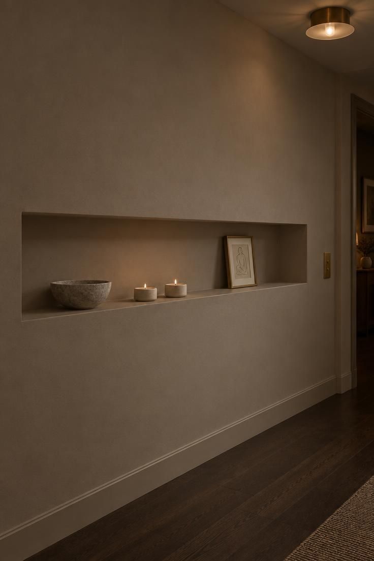 A hallway wall with a long shallow recessed ledge holding a stone bowl, two low candle holders, and a small framed drawing leaning against the back.
