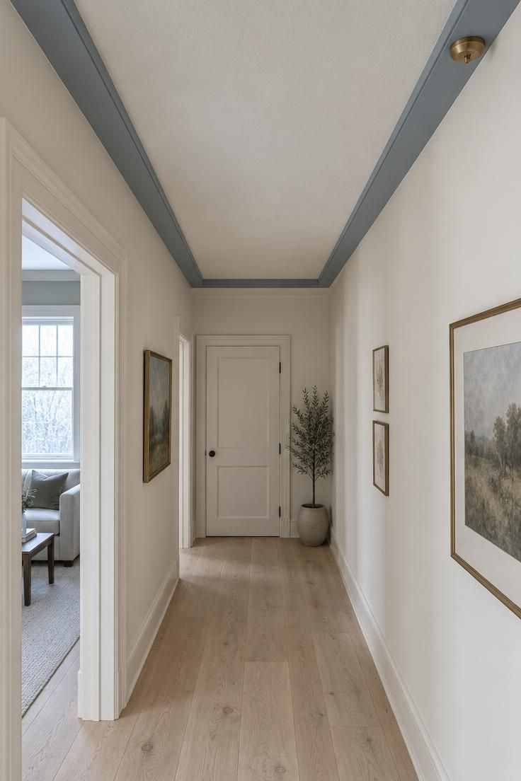 A hallway ceiling with a pale blue-gray framed beam outline, warm white walls below, and a bare pale wood floor leading to a closed door.