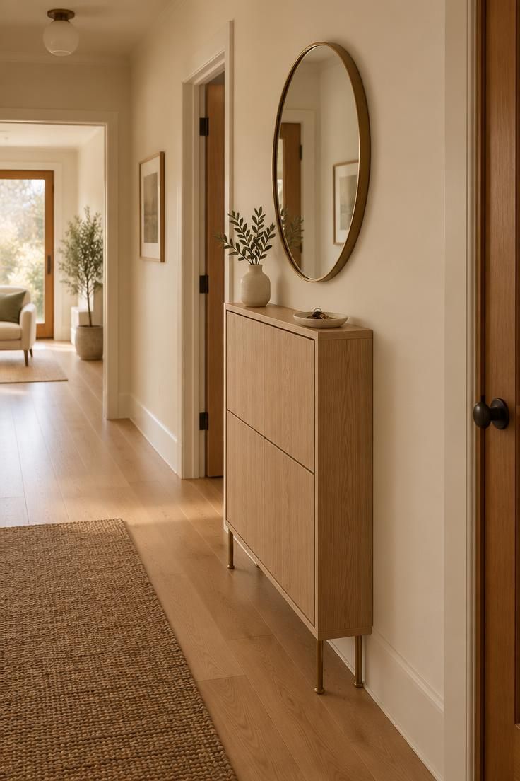 A narrow hallway with a slim pale oak shoe cabinet against one wall, a single round mirror above it, and a small tray with keys on top.