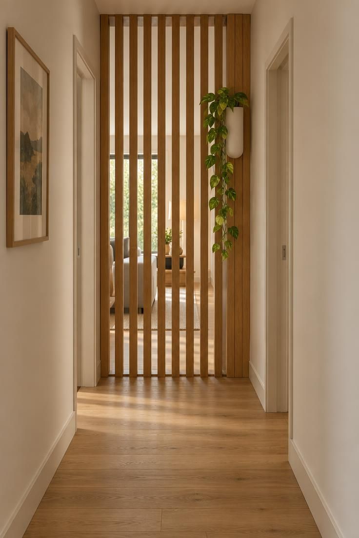 A narrow hallway with a floor-to-ceiling vertical oak slat screen at the far end, featuring a slim wall-mounted planter with a trailing pothos attached to the outer slat.