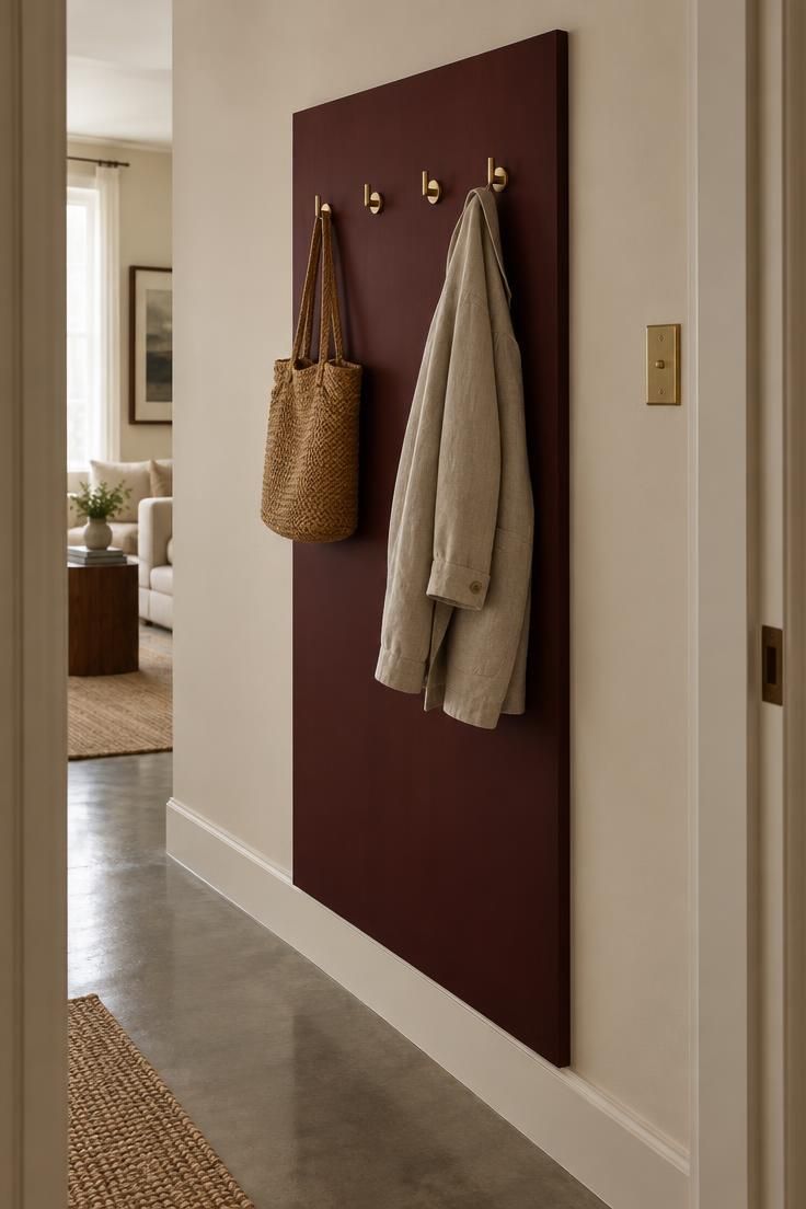 A hallway wall with an oxblood-painted flush hook board holding four brass hooks, a woven bag and a linen jacket hanging from two of them.