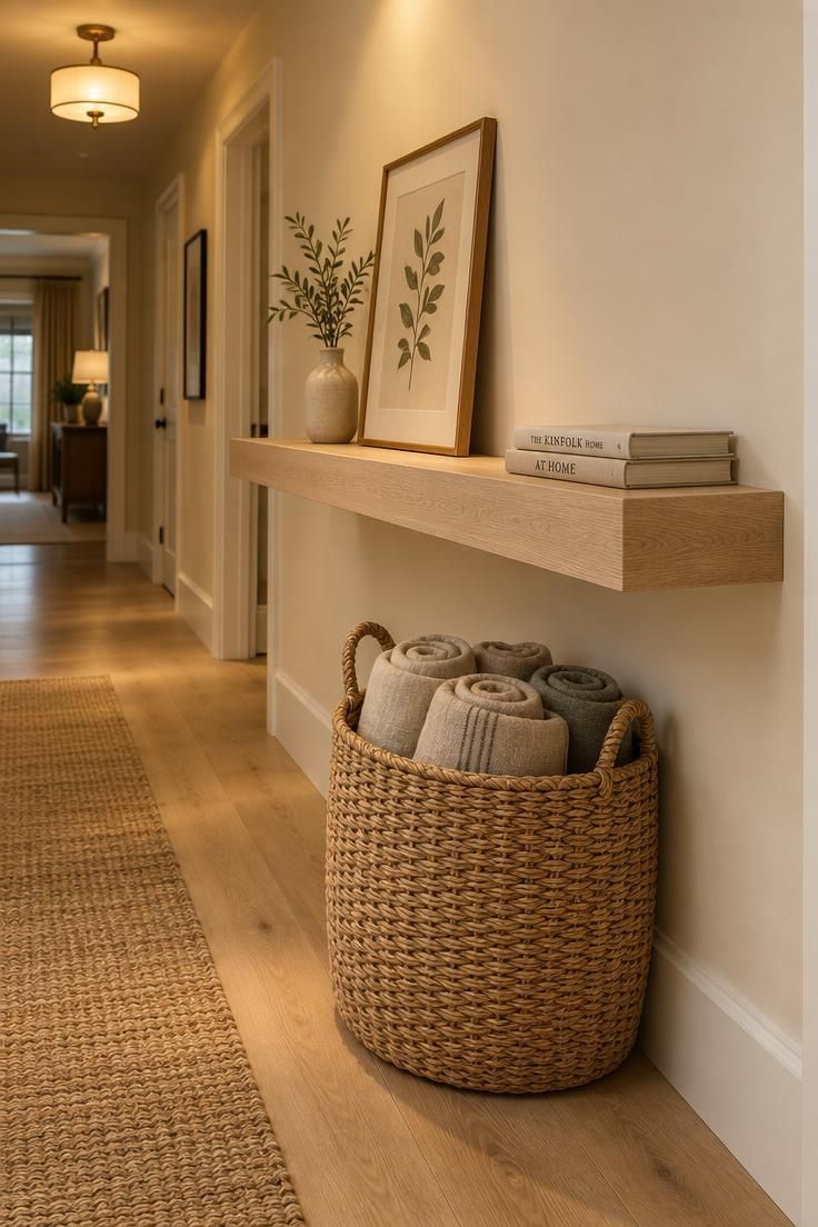 A narrow hallway with a white oak floating shelf holding stacked books and an oversized woven basket of rolled throws placed directly beneath it.