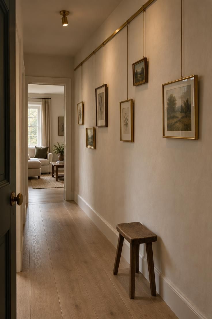 A hallway with a slim brass picture rail below the ceiling and small framed artworks hanging at staggered heights on warm white walls, with a pale oak floor and a low wooden stool.
