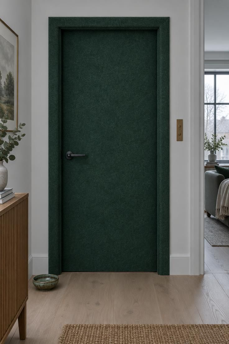 A hallway door and frame wrapped in deep cool green felt with a matte black handle, set against soft gray-white walls.