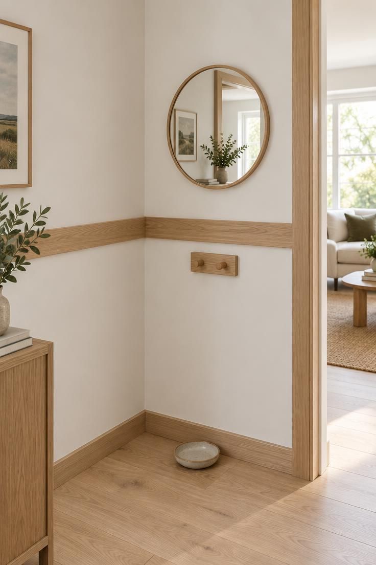 A hallway corner with a pale oak wall rail wrapping the angle, a small round mirror with a thin oak rim, and a low wooden hook block below.