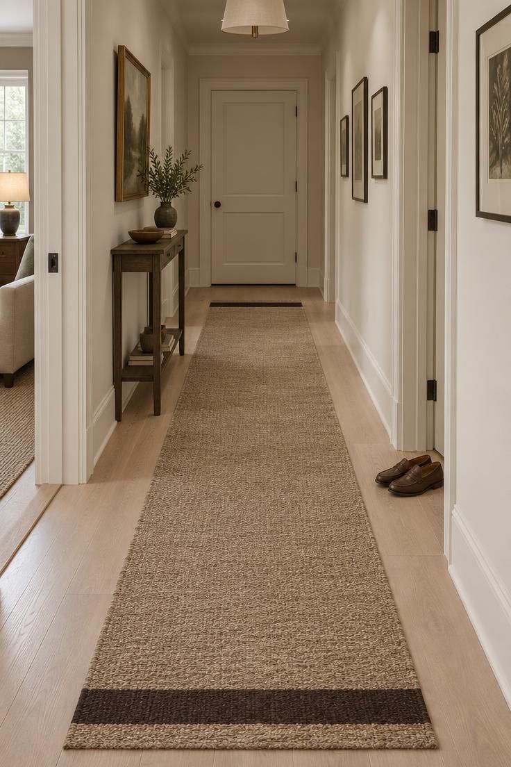 A pale wood hallway floor with a warm oat flat-weave runner bordered by a dark brown band at each end, stopping short of the door thresholds.