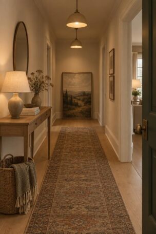 A cozy narrow hallway with warm ivory walls, a slim oak console with a ceramic lamp, a warm wool runner, two small dome pendants on the centerline, and a large framed landscape at the far end.
