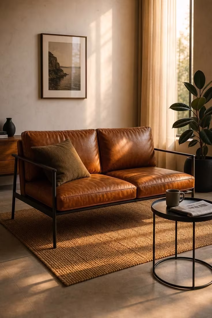 13 Bold Small Industrial Living Room Ideas for You 1 A compact iron-frame sofa in tobacco leather on a jute rug in a small industrial living room with warm golden light