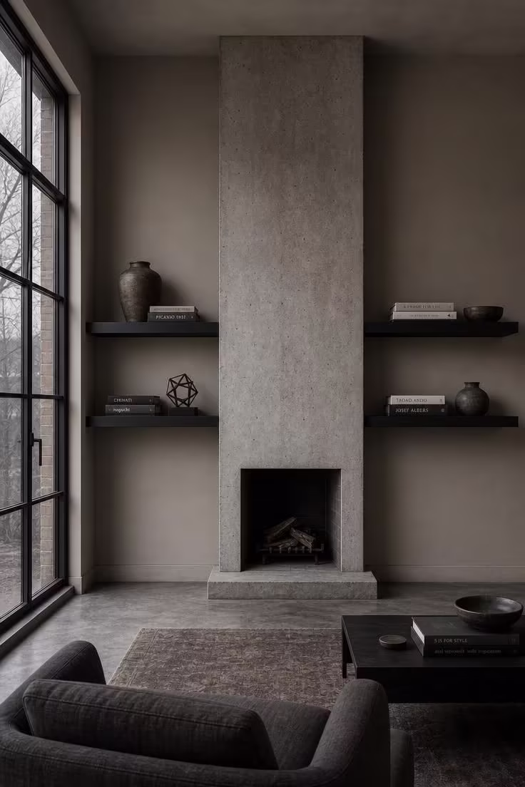 13 Bold Small Industrial Living Room Ideas for You 2 Matte black floating shelves flanking a concrete fireplace column in a small industrial living room with cool overcast light