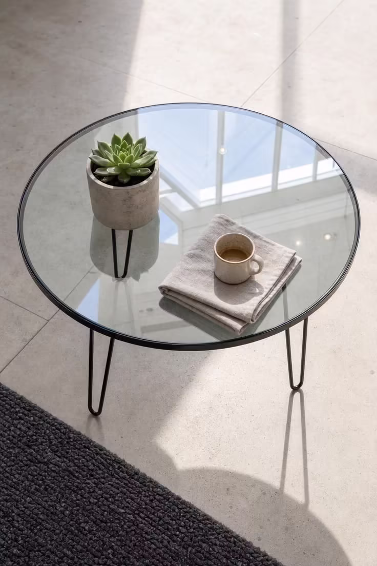 13 Bold Small Industrial Living Room Ideas for You 3 A glass-top coffee table with black hairpin legs on polished concrete tile in bright midday light