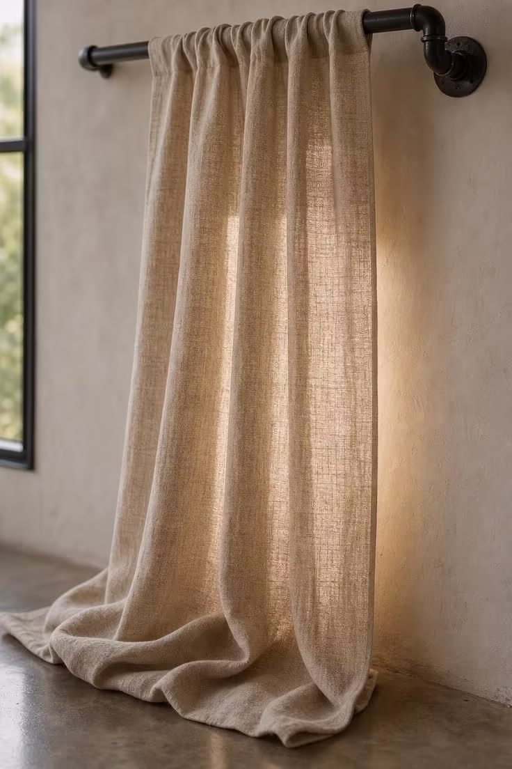 13 Bold Small Industrial Living Room Ideas for You 4 A washed linen curtain panel on a steel pipe curtain rod with iron elbow fittings and soft diffused light