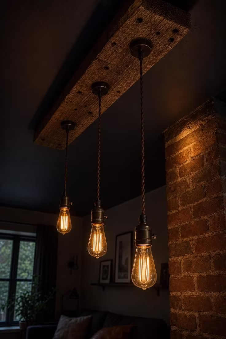13 Bold Small Industrial Living Room Ideas for You 5 Three Edison bulb pendants on cloth cords hung from a reclaimed oak ceiling beam in moody low light
