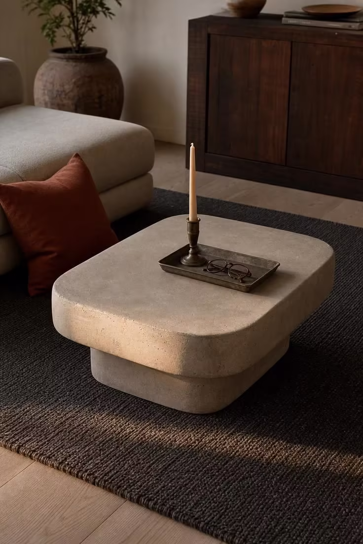 13 Bold Small Industrial Living Room Ideas for You 6 A low concrete coffee table with a steel tray on a charcoal flat-weave rug in warm golden light