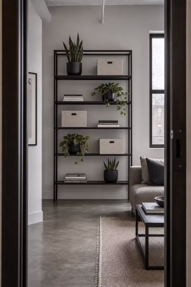 13 Bold Small Industrial Living Room Ideas for You 7 Iron-frame open shelving with potted greenery and linen boxes in a small industrial living room with cool overcast light